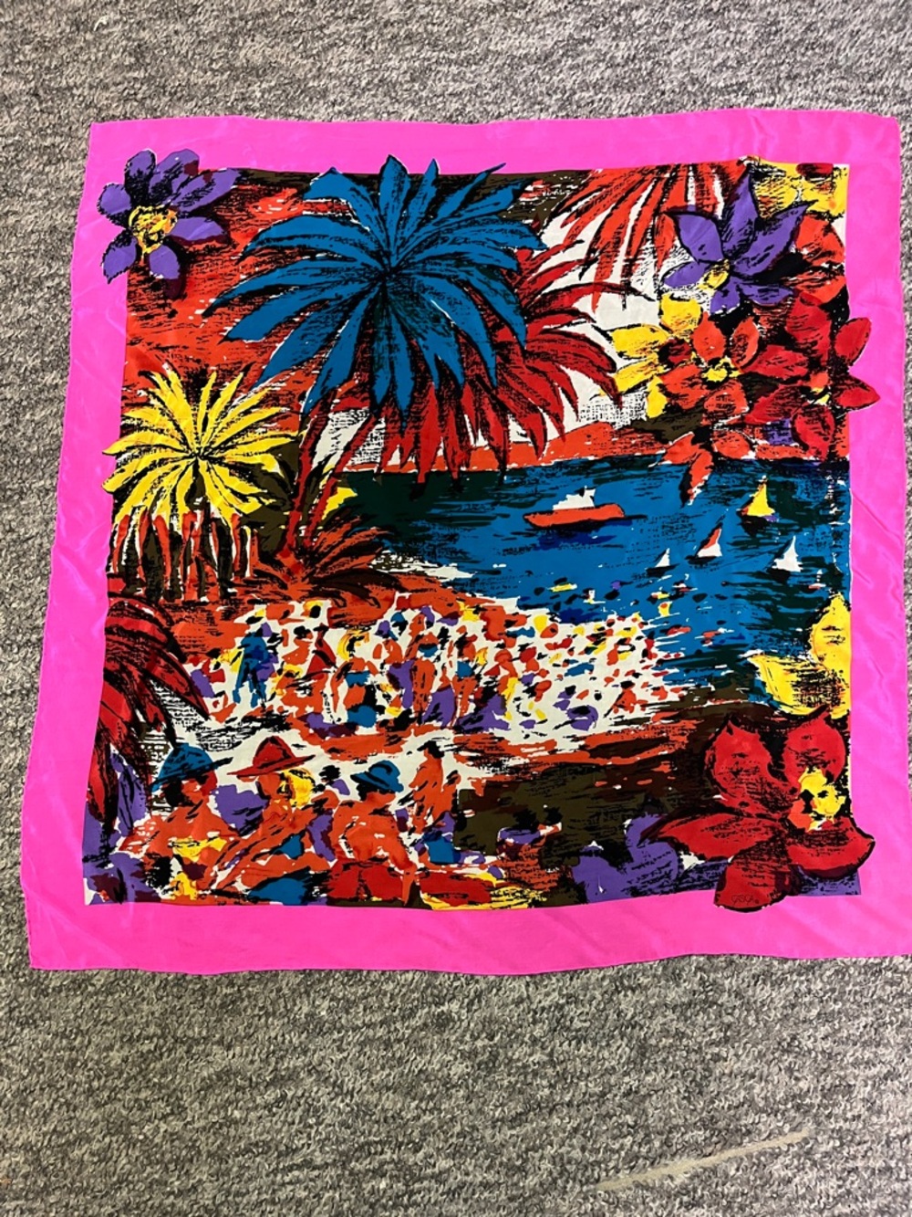 Vibrant Tropical Print Silk Scarf in Hot Pink Border